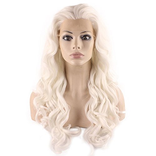 Mxangel Long Wavy White Blond Celebrity Lace Front Wig Half Hand Tied Heat Resistant Fiber Fashion Synthetic Hair Wig Natural