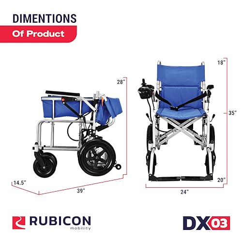 Rubicon DX03- Lightweight (Only 40lbs) Foldable Electric Wheelchair for Seniors - 12 mi Long Cruise Range with 500W Powerful Motor - Airline Approved with Detachable Battery (Model5)