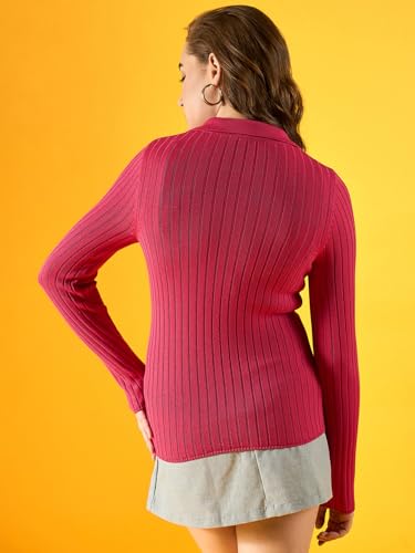 Image of 98 Degree North Women Cotton Self Design Collar Neck Pullover Has A Full Sleeves and Straight Hem-RG1165-FLUORESCENT