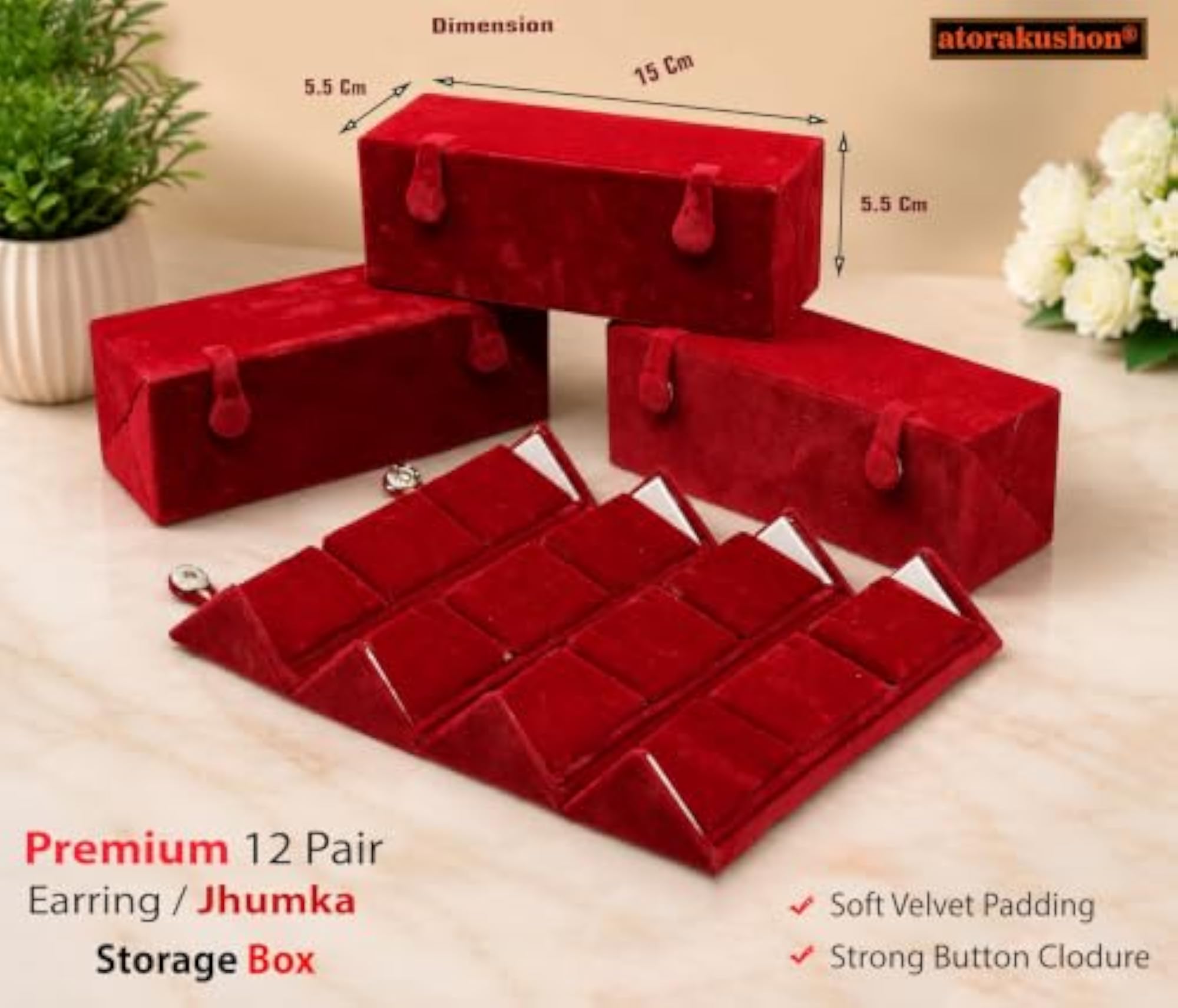 12 Pair Velvet Maroon Earring Storage Box, Pack of 3