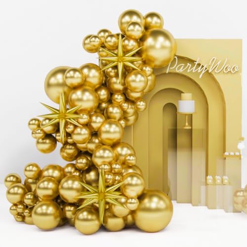 Image of PartyWoo Metallic Gold Star Balloons 110pcs Different Sizes 18 12 10 5 Inch Pack 22 Inch Gold Spike Star Explosion Foil Mylar Balloon Arch Kit for Birthday Engagement Party Decorations Gold-G101