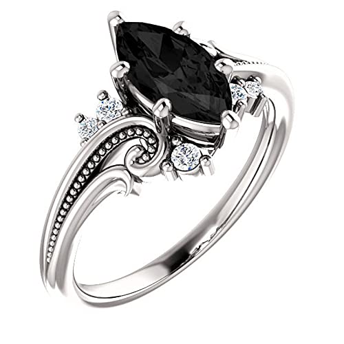 Filigree Black Marquise Ring White Gold, Floral Marquise Shape Onyx Black Simulated Diamonds Engagement Ring, Woodland Black Marquise Proposal Ring, Twig Leaf Ring (5.5) #TOP2