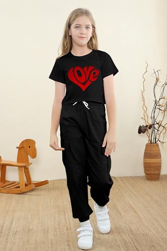 Image of SANGTREE Girls' 2 Piece Outfits T-Shirt and Drawstring Cargo Jogger Pants Clothing Set, 4-14 Years