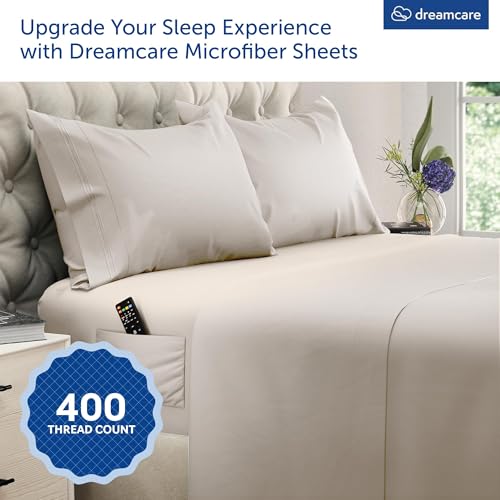 Image of DREAMCARE California King Sheet Sets - 4 pcs Breathable Cooling Sheets - up to 21 inch Extra Deep Cal King Sheets with Side Pockets - Extra Soft 100% Brushed Hypoallergenic Hotel Luxury Bedding - Beige