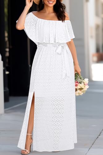 Image of Pinup Fashion Women Plus Size Summer Dresses - Off The Shoulder Wedding Guest Eyelet Casual Maxi Dress Pockets