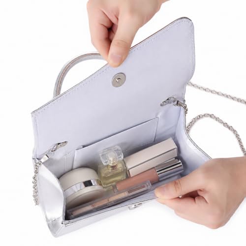 Women’s Silver Evening Clutch Purse with Top Handle, Cross Texture Metallic Formal Handbag for Party, Prom, Evening Bag with Detachable Chain Strap