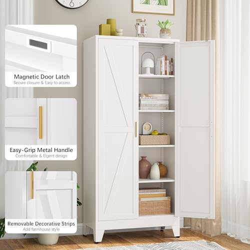 Image of Bevivog 71 inch Kitchen Pantry Cabinet, Metal Storage Cabinet with 2 Doors and 4 Adjustable Shelves, Farmhouse Tall Food Cabinet Pantry Shelves Storage for Kitchen, Home Office, Living Room, Laundry