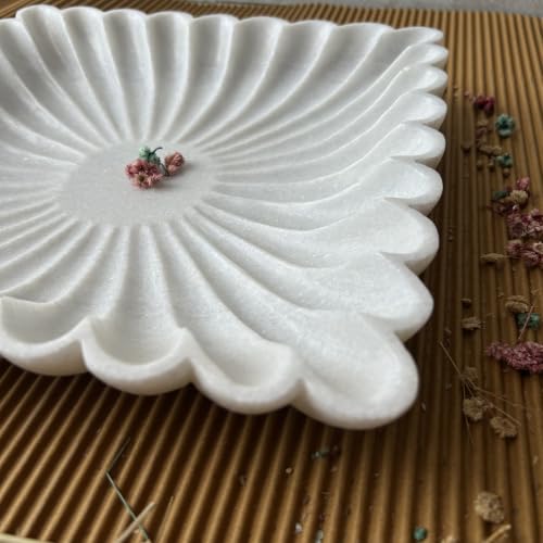 Image of Marble Urli Bowl for Decoration | Big Potpourri Decorative Bowls in Home decor | Large White Floating Flower Plates of Stone | Small Shape puja Item | (12 inch, Eye Scallop)