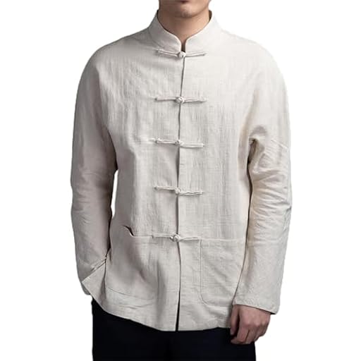Camisa de cuello mandarín con botones de disco para hombre, estilo chino, manga larga, bolsillos, tradicional, Kung Fu, Tai Chi, Tang, uniforme, beige, XL | Ya disponible en tu tienda friki favorita! En mundofriki.es!