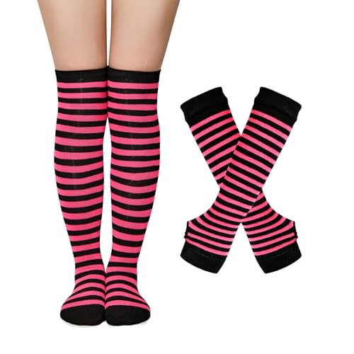 Zando Halloween Striped Womens Thigh High Socks Fingerless Gloves Set Knitted Arm Warmers Thigh Highs Emo Scene Femboy Over the Knee Socks Long Tube Leg Warmers Cosplay Goth Casual Hot Pink Black