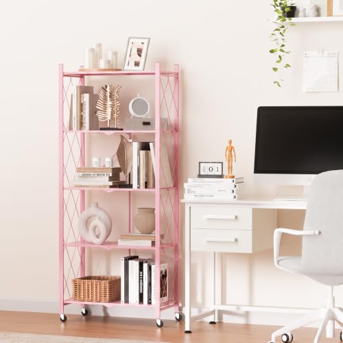 Image of ALANNG 60.6 Inch Folding Bookshelf, 5 Tier Metal Bookcase and Bookshelves | Tall Shelves for Living Room Office Bedroom, Heavy Duty Book Shelve Free Standing Open (Pink, 4PACK)