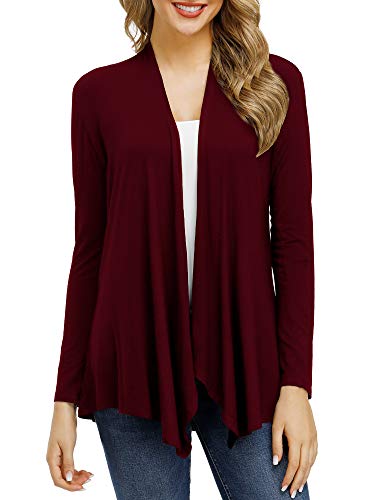 SATINIOR Womens Open Front Long Sleeve Lightweight Soft Basic Cardigan (Wine Red, L)