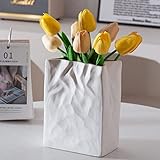 Levvohd White Crinkle Paper Bag Ceramic Vase, Unique Square Wide Mouth Pleated Big Vases, Aesthetic