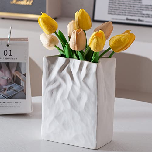 Levvohd White Crinkle Paper Bag Ceramic Vase, Unique Square Wide Mouth Pleated Big Vases, Aesthetic Minimalist Boho Vase For Modern Trendy Home Dining Room Table Centerpiece Decor (L5.5 In X H7.5 In) #TOP3