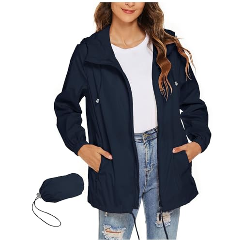 Image of Lightweight Rain Jackets for Women Hooded Breathable Packable Running Raincoats Active Trench Windbreaker with Hideaway Hood for Cycling Hiking