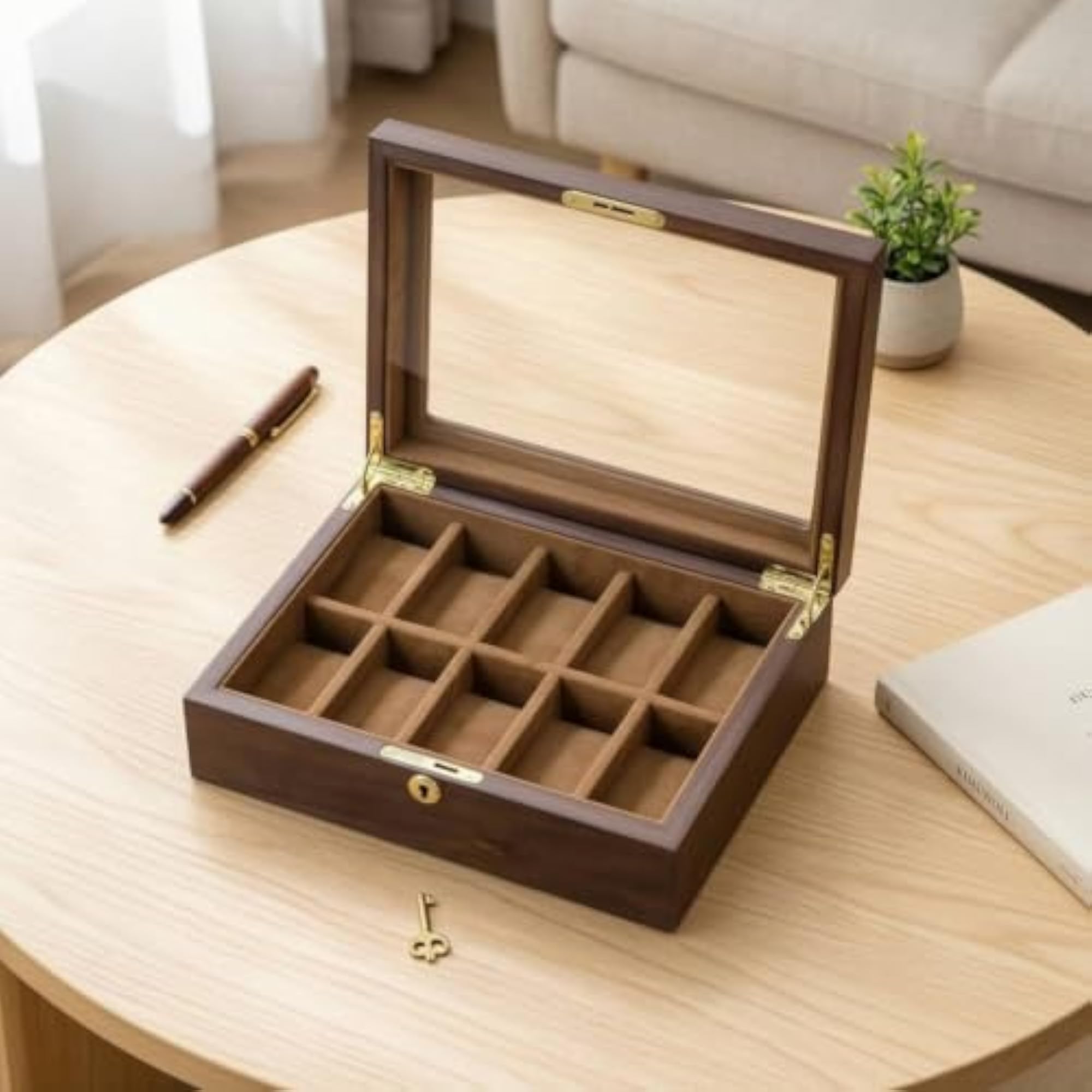 Clear Watch Display Case with Glass Lid, 10-Slot Teak Grain