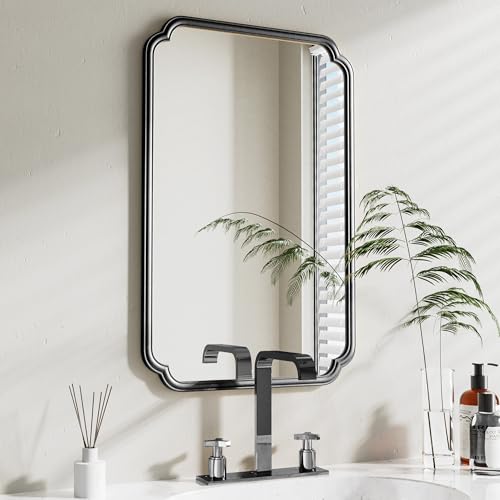 Ferytange 22x34 Inch Black Bathroom Mirror, Metal Framed Wall Mirror with Rounded Edges, Rustproof Horizontal Vertical Hanging for Vanity Over Sink