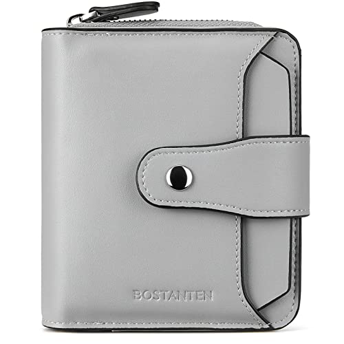 BOSTANTEN Leather Wallets for Women RFID Blocking Zipper Pocket Small Bifold Wallets Card Case Grey