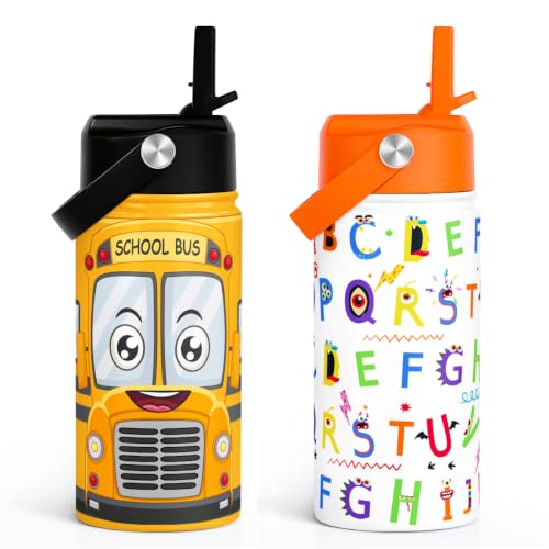 SANDJEST Kid Water Bottle 12oz with Straw Lid - 2-Pack Insulated Stainless Steel Water Bottles for Kids Girls Boys - Travel Cup for Back to School Sports Christmas Birthday (Alphabet & School Bus)