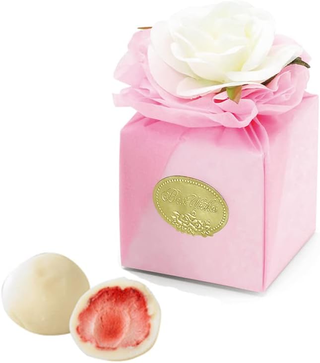Amazon ホワイトローズ付き ピンク ボックス プチギフト ホワイトいちごチョコ2粒入り １個 結婚式 二次会 パーティ バレンタインデー ホワイトデー Hitomi Produce チョコレート 通販