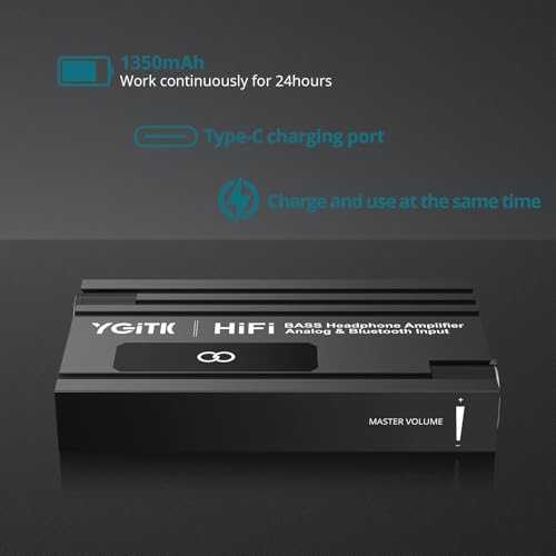 YGiTK プロフェッショナル 16-600Ω Bluetooth ヘッドホンアンプ 低音ブースト、ポータブルHiFiイヤホンアンプ、ゲインスイッチ低音音量調整、充電式ヘッドホンアンプ 3.5mmジャック