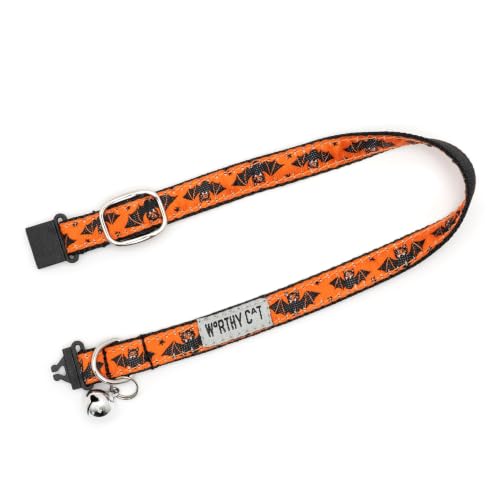 THE WORTHY DOG Halloween Patterns, Breakaway Cat Collar with Bell, Orange