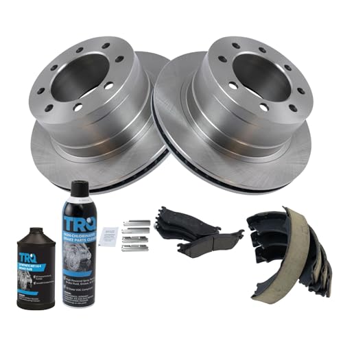 Image of TRQ Rear Brake Pad & Rotor Kit, with Chemical Kit Parking Brake Shoe Set Ceramic Compatible with 2003-2005 Dodge Ram 2500 Ram 3500