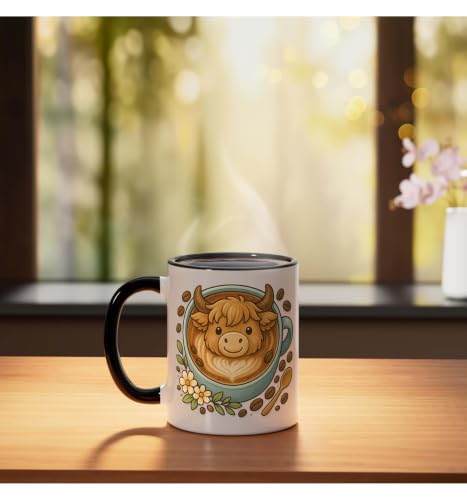 Highland Cow Latte Art Coffee Lovers Scottish Cow Ceramic Mug, Black/White, 11oz by Highland Cow Coffee Friends Co - Used condition - Image 3