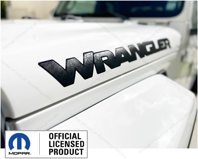 Decal Mods Wrangler Hood Graphic Vinyl Decal fits Jeep Wrangler JL/JT (2018-2025) Matte Black with topo Lines and Black Gloss Outline (Set of 2) - CB | UV1A0