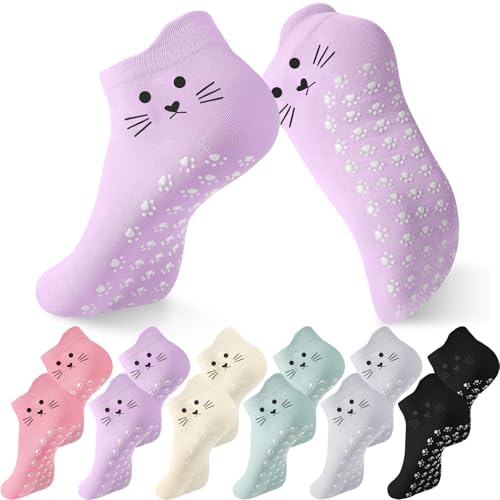 Geyoga 6 Pack Grip Cat Socks for Women Cute Yoga Cat Socks for Girls Non Slip Ankle Supplies for Pilates Dance Workout