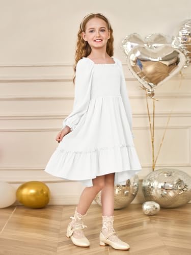 Haloumoning Girls Lantern Long Sleeve Dresses Kids Square Neck High Low Hem Smocked Fall Dress 5-14 Years4