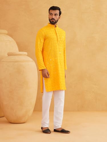Image of SOJANYA (Since 1958 Men's Cotton Embroidered Sequinned Kurta with white Churidaar Pyjama