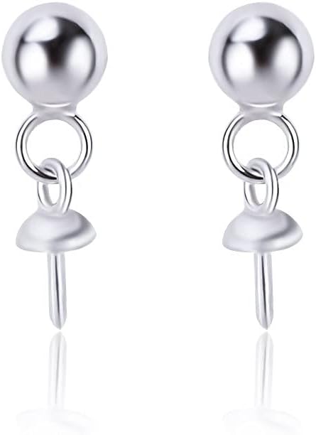 925 Sterling Silver Round Line Threader Earrings Fitting for Pearl, Earring Post Findings with Pearl Seat for DIY Jewelry Making