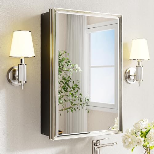 QueenFun Pre-Assembled Surface or Recessed Medicine Cabinet Mirror-16x24 Brushed Nickel