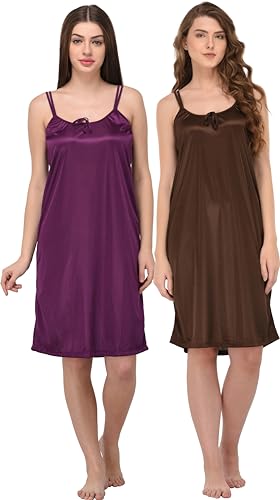 Image of You Forever Women Sexy Satin Striped Solid Above Knee Length Nighty, Loungewear, Nightwear, Sleepwear, Home Wear Short Nighty for Women Pack of 2
