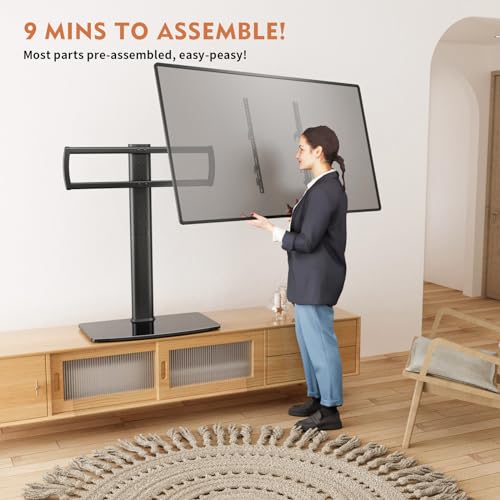 Image of Universal Swivel TV Stand /Base Table Top Stand 40 to 86 inch TVs 110 Degree Swivel, 5 Level Height Adjustable, Heavy Duty Tempered Glass Base, Holds up 132lbs Screens, HT04B-003