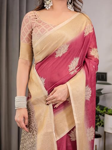 Image of ALMAARI FASHION Handloom Cotton Saree, Pink and Beige with Lotus Motifs, Silver Zari Border, 5.5 Metres