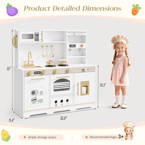 Callales 35.8" Play Kitchen Set for Kids, Toddler Toy Kitchen, 23 in 1 Wooden Kids Kitchen Playset with Toy Food and Cookware Accessories, Gift for Ages 3+ Girls Boys, White & Gold - Image 2