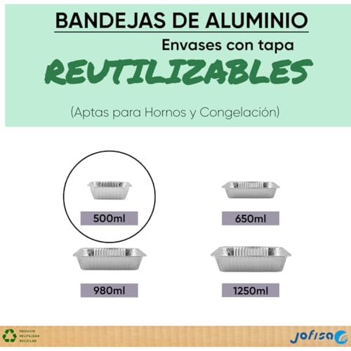 Miniatura 8 de Jofisa 100 Bandejas De Aluminio Desechables Con Tapa Envases Para Comida Para Llevar, Horno, Congelador Recipientes De Aluminio Con Tapas Para Alimentos, Reutilizables Y Resistentes 500 Ml