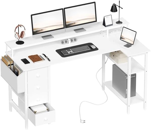 Yaheetech Scrivania Angolare con Cassetti, 140×68 cm, Scrivania ad Angolo Reversibile con Prese di Corrente e Porta USB, Scrivania Salvaspazio a L con Scaffali Portaoggetti Tavolo, Bianco