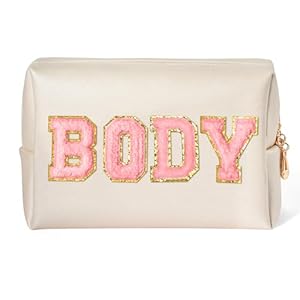 Y1tvei Body Parts Makeup Bag – Preppy Patch Pink Body Chenille Varsity Letter Cosmetic Bag, PU Leather Waterproof Portable Toiletry Bag, Zipper Pouch Travel Cosmetic Organizer for Women(Shell Gold)