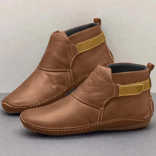 Ankle Boots for Women Fashion Buckle Strap Round Toe Low Wedge Heel Booties, Retro Comfortable Casual Non-Slip Riding Shoes Vintage Leather Flat Heel Booties2