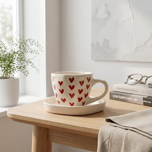 Image of Heart Print Ceramic Coffee Mug and Saucer Set of 2 - Aesthetic Tea Cup, Cute Coffee Mugs for Cafe, Cups & Mugs, Best Gift for Couples and Friends 250 Ml