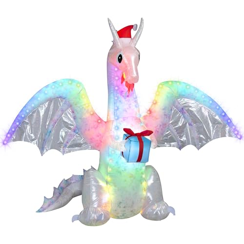 9' Gemmy Airblown Inflatable Christmas Iridescent Dragon Holding Present w/Santa Hat and Rainbow Wave Lights Yard Decoration 886084