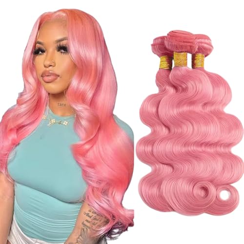 FuivJuix Pink Bundles Body Wave Bundles Human Hair 12 14 16 Inch Brazilian Virgin Hair Pink Body Wave Bundles Human Hair Extensions 3 Bundle 50 Gram Per Bundle
