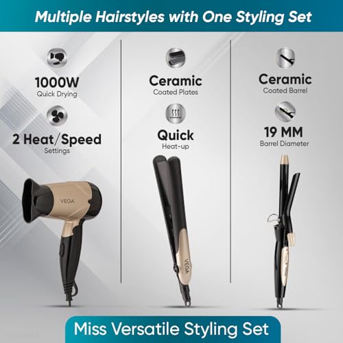 Vega Miss Versatile Styling Set Straightener, Curler & Dryer Gift Combo for Women, 1000W Hair Dryer with 2 Head/Speed Setting, Hair Straightener & Curler comes with Ceramic Coated, (VHSS-03), Black (Image - 2)