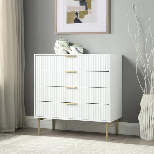 Home Treats Bedroom Furniture Set White Wooden Wardrobe, Chest of 4 Drawers, Bedside Table with Gold Accents, 3 Piece Set Ridged Design (Chest of 4 Drawers)