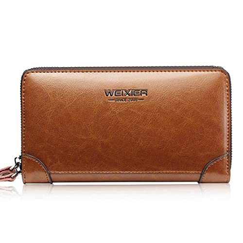 JNKET Genuine Cow Leather /PU Leather Clutch Bag Business Men‘s Long Wallet Double Zipper Wallet with Detachable Wristlet (01-Light brown)