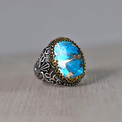 925 Sterling Silver Ring, Oval Cab, Blue Copper Turquoise Gemstone Ring, Handmade, Bohemian, Oxidized Arabic Designer, Western, Two Tone Ring, Natural Blue Copper Turquoise, Men's, Boys, Birthday Gift