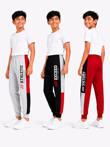 Image of Boys Jogger Track Pants, Pack of 3, Grey, Black and Red, Graphic Print, Athletic Sports Wear